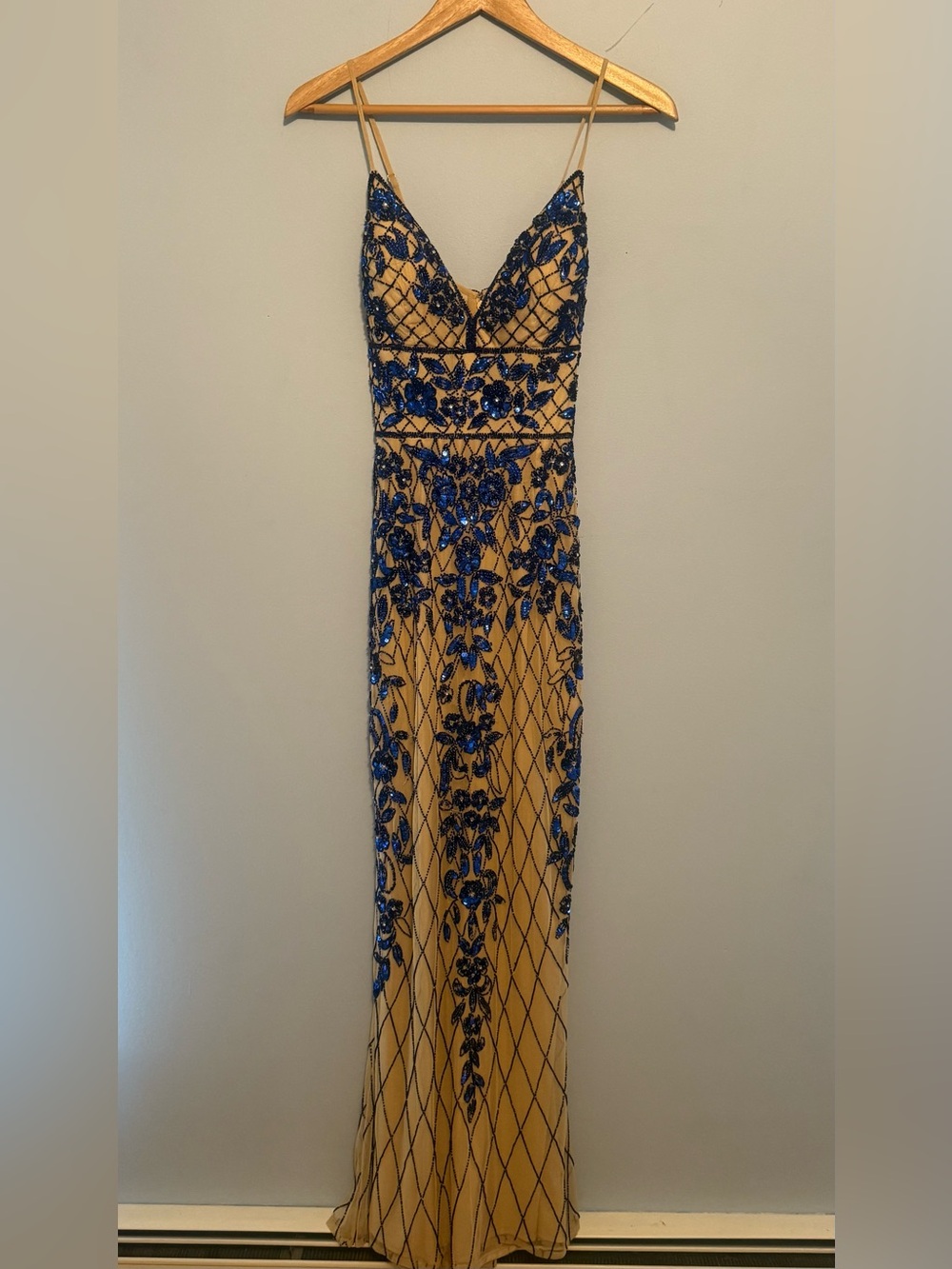 Tan prom dress with blue Embellished Floral beading
